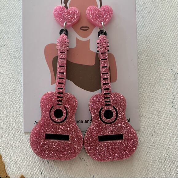 Pink Glitter Guitar and Heart Charm Drop Barbiecore Eras Statement Earrings - Picture 2 of 5